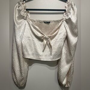 White Leopard Print Satin Long Sleeve Top with Tie Front sz 8/10